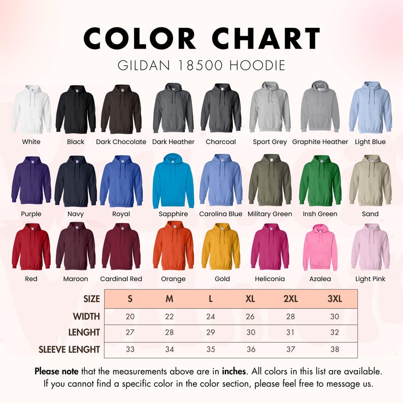the color chart for the gilan 1800 hoodie