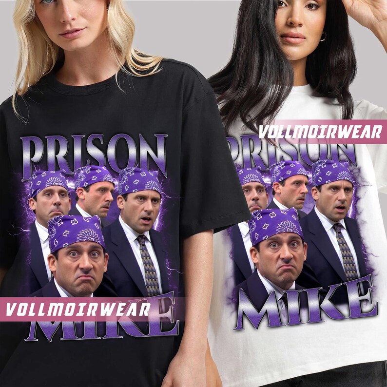May include: Black and white t-shirts with a graphic design featuring a collage of a man wearing a purple bandana and suit. The word "PRISON" is printed above the image, and "MIKE" is printed below.