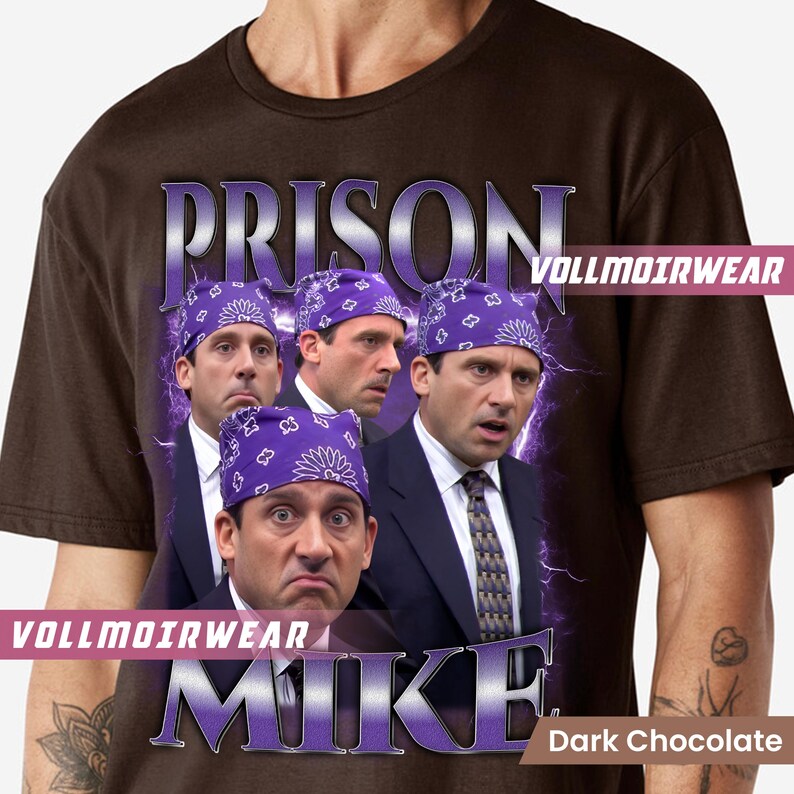 May include: Dark chocolate brown t-shirt featuring a graphic of a person with multiple images of the same face wearing a purple bandana. The word "PRISON" is above the images, and "MIKE" is below. The text "VOLLMOIRWEAR" appears twice.