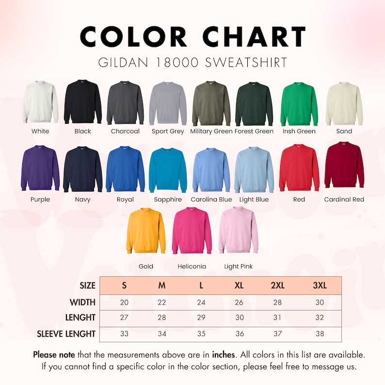 the color chart for the gilan 1800 sweatshirt
