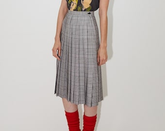 YVES SAINT LAURENT 90’s Plaid High Waist Pleated Midi Skirt, Designer Vintage, sz xs/small