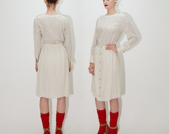 CHANEL 1960's Silk Polka Dot Dress, Two Piece Set Blouse Skirt Suit Couture with Monogram Cufflink Buttons, XS - small / 40