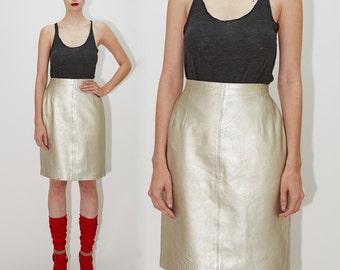 ESCADA by Margaretha Ley - Metallic Silver Platinum High Waisted Leather Pencil Above the Knee Skirt, 80s, XS / Small