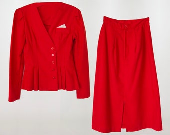 1970's 1980's Red Skirt Suit, Peplum Nipped Jacket, Pencil Wiggle Skirt, Hourglass Set, Cotton Wool Blend, XS, Small