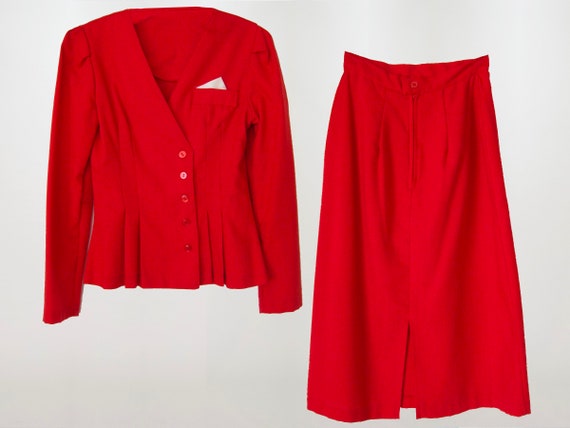 1970's 1980's Red Skirt Suit, Peplum Nipped Jacke… - image 1