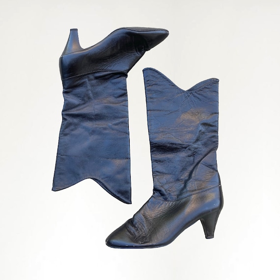 1980s Shiny Leather Black Boots, Calf High Boots, Chu… - Gem
