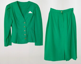1970’s 80's High Waist Skirt Suit, Kelly Green 2 Piece Aline Skirt, Peplum Nipped Jacket Puff Shoulders, Set Cotton Wool, size 3 / X-SMALL