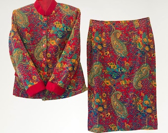 1980's Paisley Corduroy Skirt Suit, sz XS, small