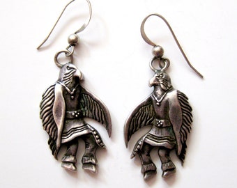 Sterling Silver Eagle Warrior Dangle Earrings, 70s Fish Hook Pierced Native American South Western Hand Carved, Novelty and Rare Vintage