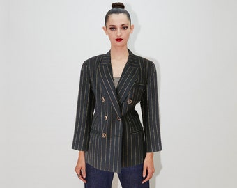 LEW MAGRAM 1980's Pinstripe Double Breasted Blazer, Black Gold Lame Boyfriend Military Jacket, SMALL