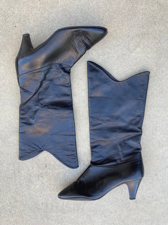 1980s Shiny Leather Black Boots, Calf High Boots, Chu… - Gem