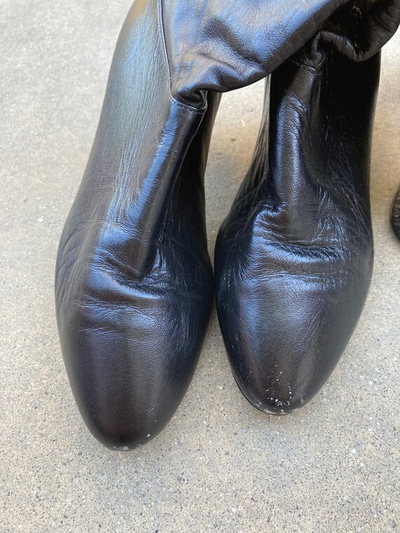 1980s Shiny Leather Black Boots, Calf High Boots, Chu… - Gem