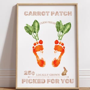 Origineel boerderijbord wortel patch Pasen, voetafdruk voeten kunst ambacht, kinderen baby peuter, activiteit aandenken cadeaukaart decor, print het af