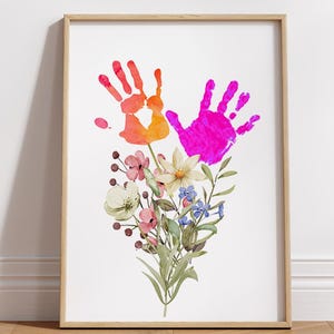 Artisanat d'art empreinte de main pour la fête des mères, carte d'anniversaire pour la fête des grand-mères, fleur souvenir de remerciement, bouquet de fleurs bricolage cadeau pour enfants, imprimable