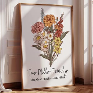 Ramo familiar de flores de nacimiento, regalo personalizado con impresión digital, arte antiguo para el hogar para el Día de la Madre, regalo para la abuela, retrato familiar floral