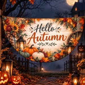 Op de afbeelding: Een decoratieve banner met de tekst Hello Autumn in donker schrift, omringd door illustraties van oranje en groene pompoenen, zonnebloemen, lantaarns en herfstbladeren. De achtergrond toont een rustiek houten plankenontwerp.