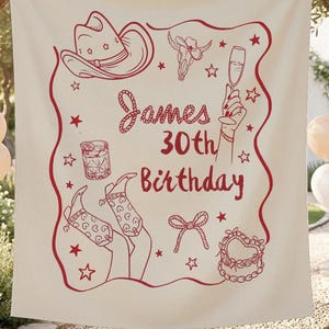 Puede incluir: Una pancarta beige con un contorno rojo que presenta ilustraciones temáticas de vaqueros y texto. El texto dice "James 30th Birthday". La pancarta incluye imágenes de un sombrero de vaquero, botas, una calavera, una bebida, una copa de champán, un lazo y un pastel.
