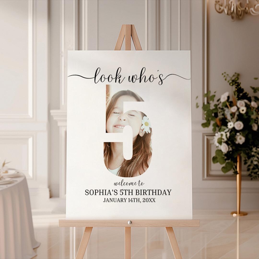 5th Birthday Welcome Sign, Look Who's 5 Birthday Sign, Modern 5th Sign ...