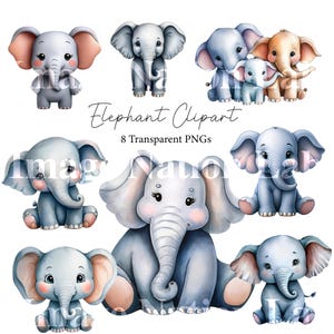 Elephant Clip Art, Digital Download Transparent PNG, Kawaii, Cute clipart, Baby Shower, Watercolor