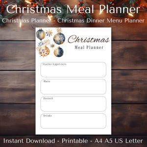 Planejador de refeições de Natal para impressão, Planejador de jantar de Natal, Entradas, Aperitivos, Prato principal, Sobremesas, Planejador de bebidas, Planejador de feriados, Menu de Natal