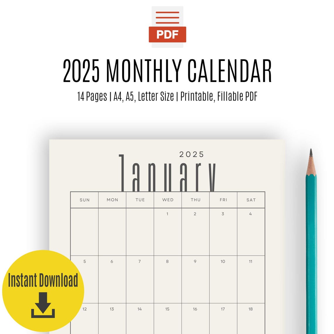 2025 Monthly Calendar, Portrait, Printable Calendar Template