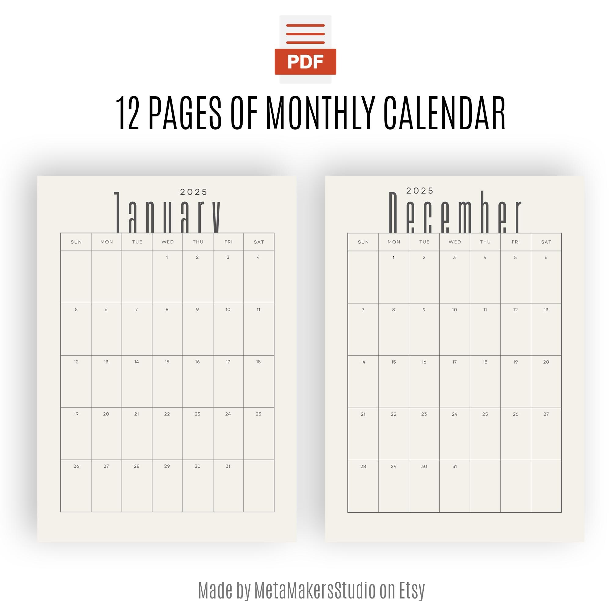 2025 Monthly Calendar, Portrait, Printable Calendar Template