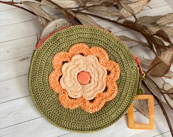 Petite Marie Crochet Pouch in Moss Green and Orange fully Lined/ Rosary Pouch/ Jewelry Pouch/ Earbuds Pouch/ Handmade Crochet/ Ready to Ship