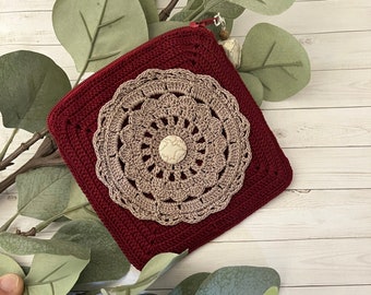 Petite Ivette Crochet Pouch in Burgundy Fully Lined/ Rosary Pouch/ Jewelry Pouch/ Headphones Pouch/Handmade Crochet/Ready to Ship