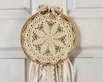 Sweet Dreams Handmade Crochet Dream Catcher in Cream with Embroidery Hoop/ Dreamcatcher/ Home Decor/ Ready to Ship