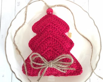 Crochet Christmas Tree Ornament in Red/ Christmas Ornaments/ Farm House Decor/ holidays decor/ Christmas Tree/ Rustic Decor/ Tree Decor/