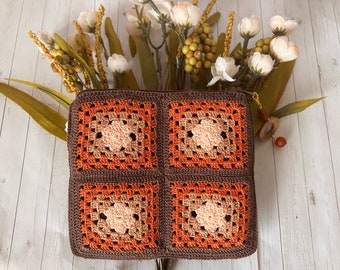 Ariel Granny Crochet Pouch in Brown Orange and Dark Natural Fully Lined/ Small Travel Pouch/ Ready to Ship