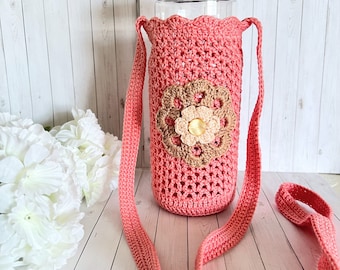 Sandy Handmade Crocheted Water Holder in Warm Salmon/ Water Bottle Holder/ Baby bottle holder/ Ready to Ship