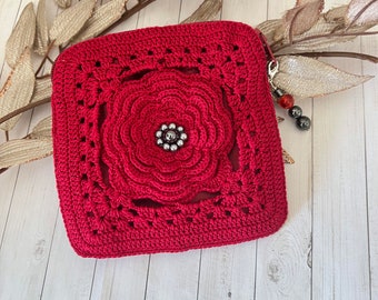 Petite Rose Crochet Pouch in Cardinal Red Fully Lined/ Rosary Pouch/ Jewelry Pouch/ Case/ Handmade Crochet/ Ready to Ship