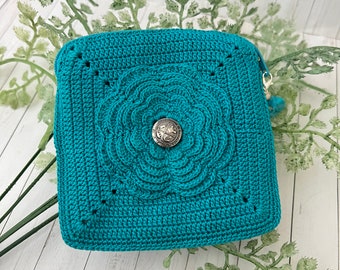 Petite Anna Crochet Pouch in Dark Teal Fully lined/ Rosary Pouch/ Jewelry Pouch/Wallet/Handmade Crochet/Ready to Ship