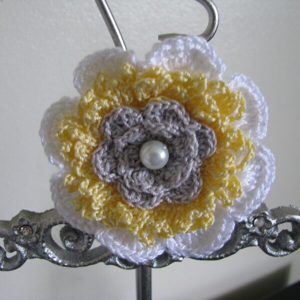 Sweet Marga Crochet Brooch in Silver Gray yellow and white/ Pin / Scarf Pin /Scarf Holder / Fashion Accessory/Crochet Brooch