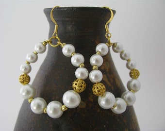 Round Hoop White Glass Pearls and Golden Ball Beads Earrings / 14 Karat Gold Plated Hooks Earrings/ Fashion Jewelry