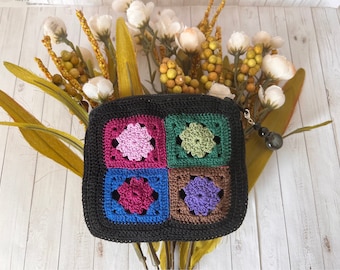 Petite Lulu Granny Square Crochet Pouch Multicolor Fully Lined/ Rosary Pouch/ Jewelry Pouch/ Handmade Crochet/ Ready to Ship