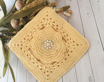 Petite Rose Crochet Pouch in Yellow Fully Lined/ Rosary Pouch/Card Pouch/Earbuds pouch/ Handmade Crochet/Ready to Ship