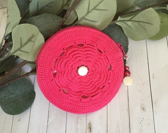 Petite Lily Crochet Pouch in Hot Pink Fully Lined/ Crochet Rosary Pouch/ Headphone Pouch/ Jewelry Pouch/ Handmade Crochet Pouch