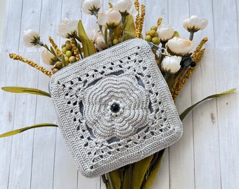 Petite Rose Crochet Pouch in Silver Gray Fully Lined/ Rosary Pouch/ Headphones Pouch/ Handmade Crochet/ Ready to Ship