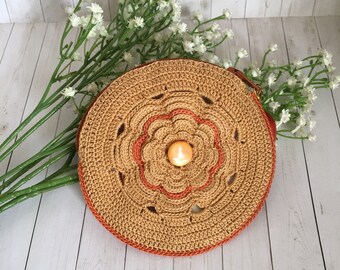 Petite Lily Crochet Pouch in Topaz and Dark Orange Fully Lined/ Rosary Pouch/ Headphone Pouch/ Jewelry Pouch/ Handmade Crochet/ Crochet