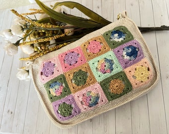 Lady Amelia Multicolor Crochet Pouch fully Lined/ Granny Square Crochet Pouch/ Travel Pouch/ Handmade Crochet/ Ready to Ship