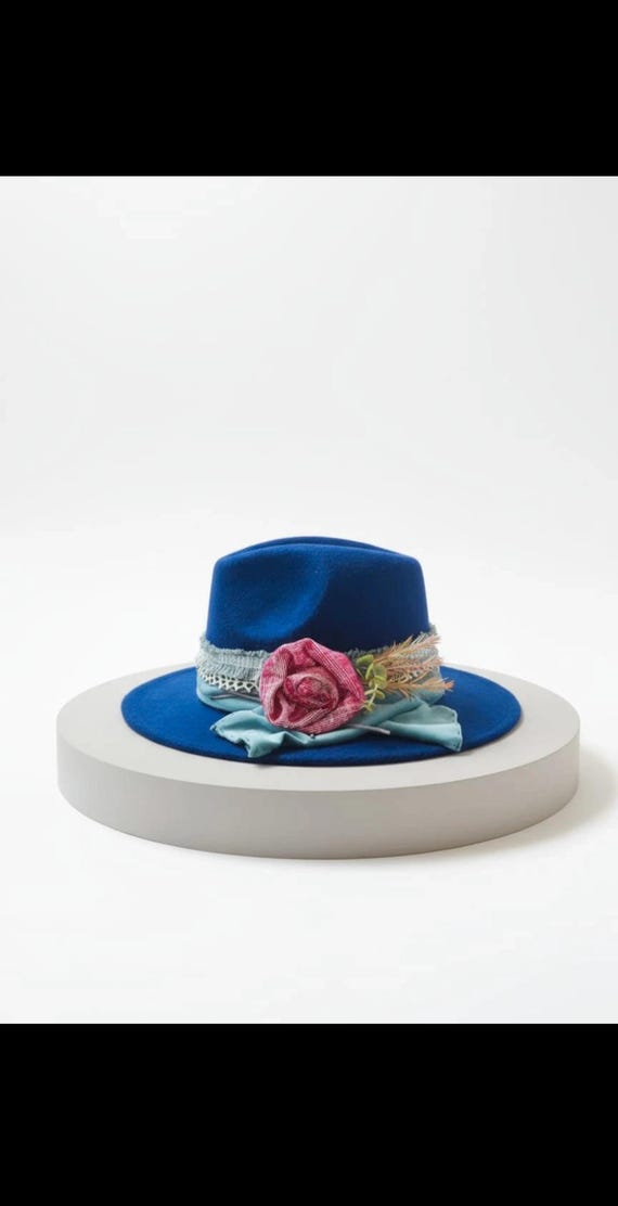 Embellished Navy Wide-Brim Fedora Hat Embellished Band Wide Brim Felt Rancher Hat – Animo Hat  main image 4