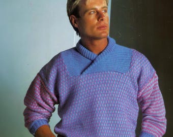 Vintage Man's 80's Fair Isle Crossover Jumper Machine Knitting Pattern | 4 Ply knitwear ribbed cuffs Chest 38"-42" Instant Download PDF