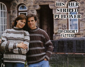 Vintage Men Women Aran Striped Pullover Crochet Pattern | Cables Jumper Sport-style Sweater Intermediate 10-Ply Hook 7 Instant Download PDF