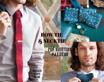2 PDF Knitting Patterns | Mens Bow Tie and Skinny Necktie Graphic Style | ombré effect | 2.25mm Crochet hook Modern Casual look Accessories