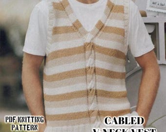 Vintage Worsted Men's Cabled V-Neck Vest Knitting Pattern | Yachty Nautical stripes Seamless Lightweight Chest 42"-52" Instant Download PDF