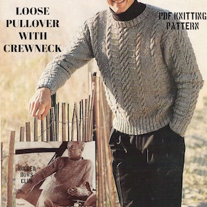 May include: A knitted, loose-fitting pullover with a crewneck. The sweater is a light gray color with a cable knit design. The text "LOOSE PULLOVER WITH CREWNECK" is visible. The image also includes the text "PDF KNITTING PATTERN" and "RUGGED ROWS CLUB".