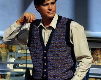Men's Striped Fair isle Buttoned Vest Vintage Machine Knitting Pattern | Must-have Waistcoat Lace 2-Ply Over shirts Instant Download PDF