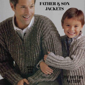 May include: A knitting pattern for a father and son jacket set. The pattern is for a textured, brown knit jacket with a zipper closure. The text "FATHER & SON JACKETS" and "PUF KNITTING PATTERN" is visible in the image.